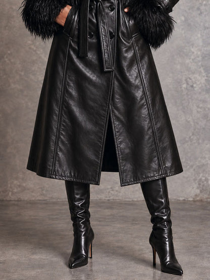 Retro Double Breasted Faux Leather Long Trench With Detachable Fluffy Fur Trim