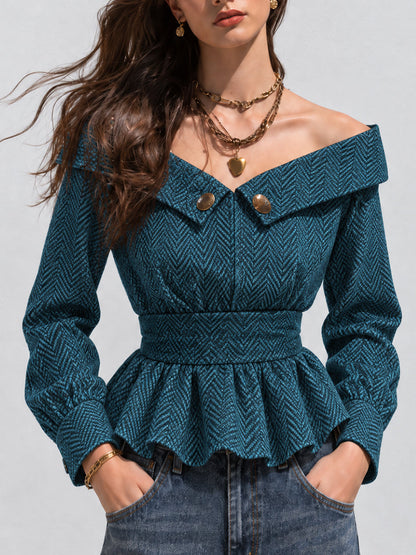 Teal Bohemian Jacquard Off-Shoulder Peplum Top