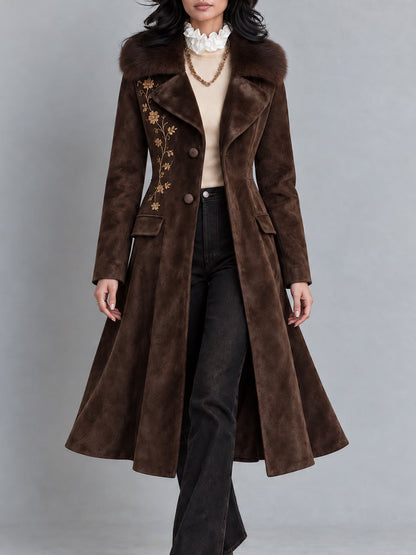 Vintage Bohemian Faux-Suede Floral-Embroidered Duster Coat