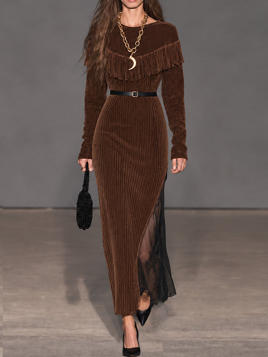 Cocoa Nomad Corduroy Fringe Lace-Panel Maxi Dress