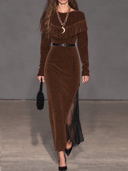 Cocoa Nomad Corduroy Fringe Lace-Panel Maxi Dress