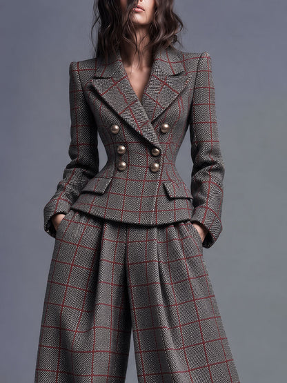 Retro Tailored Double-Breasted Plaid Blazer