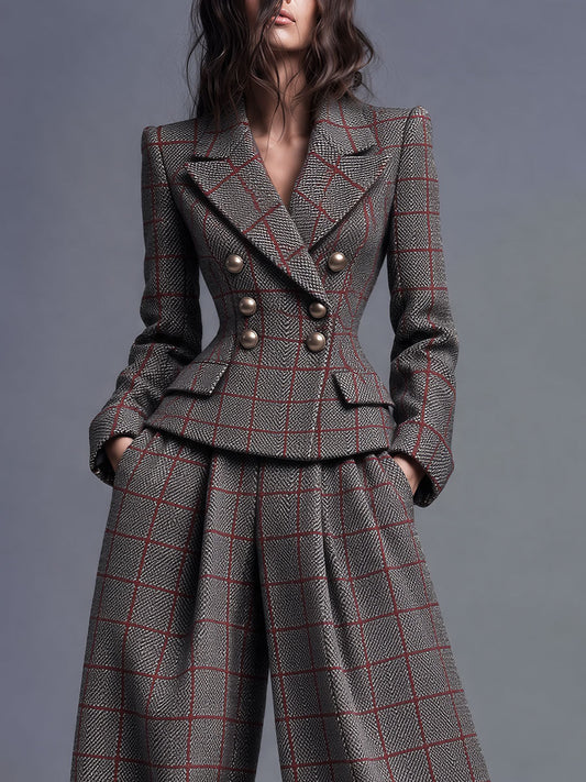 Retro Tailored Double-Breasted Plaid Blazer