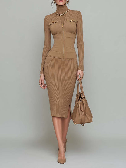 Elegant Ribbed Knit Turtleneck Zip-Up Midi Bodycon Dress