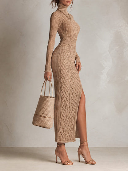 Elegant Cable Knit Turtleneck Bodycon Maxi Sweater Dress With Thigh Slit