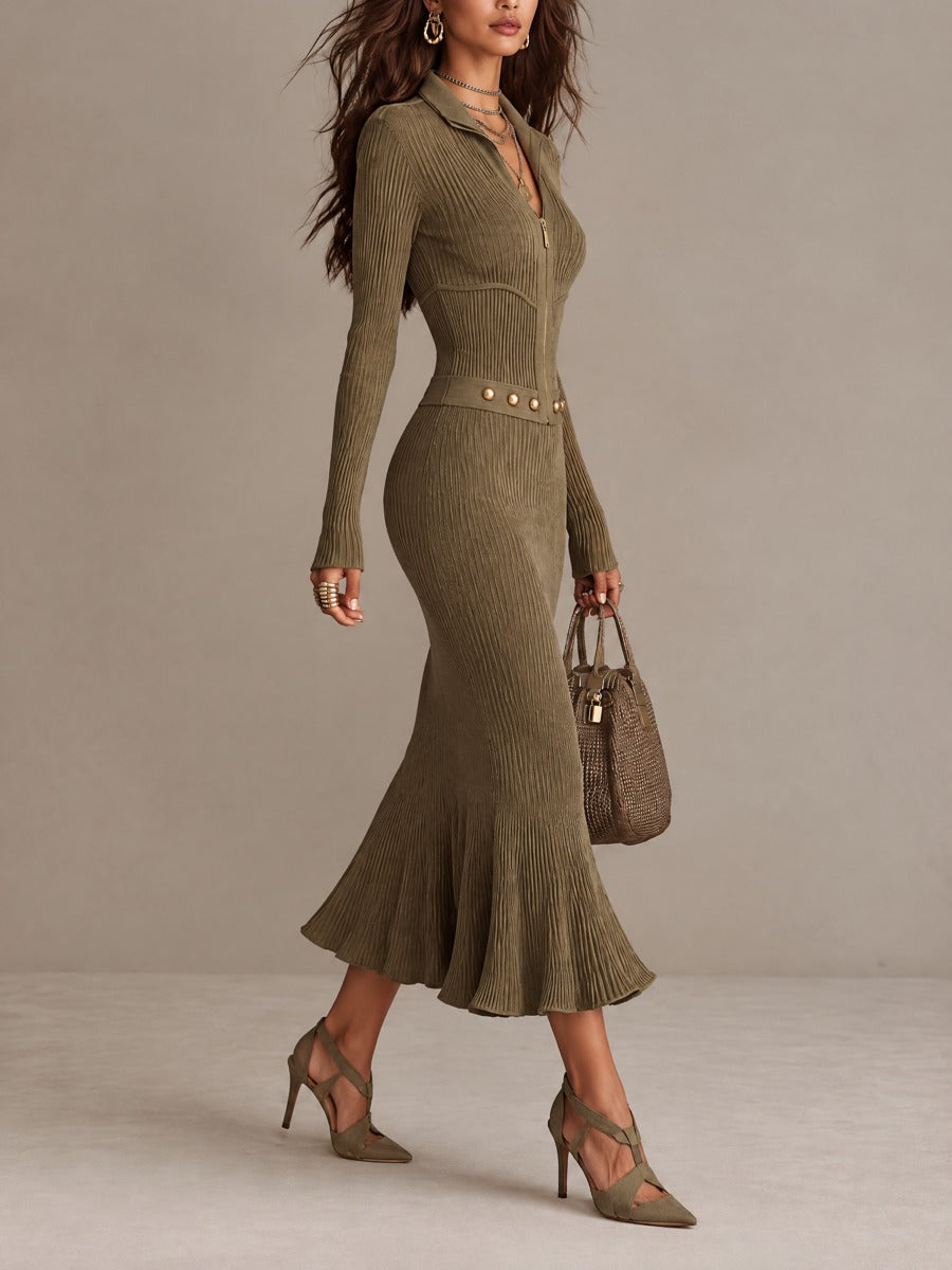 Elegant Ribbed Knit Zip-Up Fishtail Midi Dress with Stud Belt Detail
