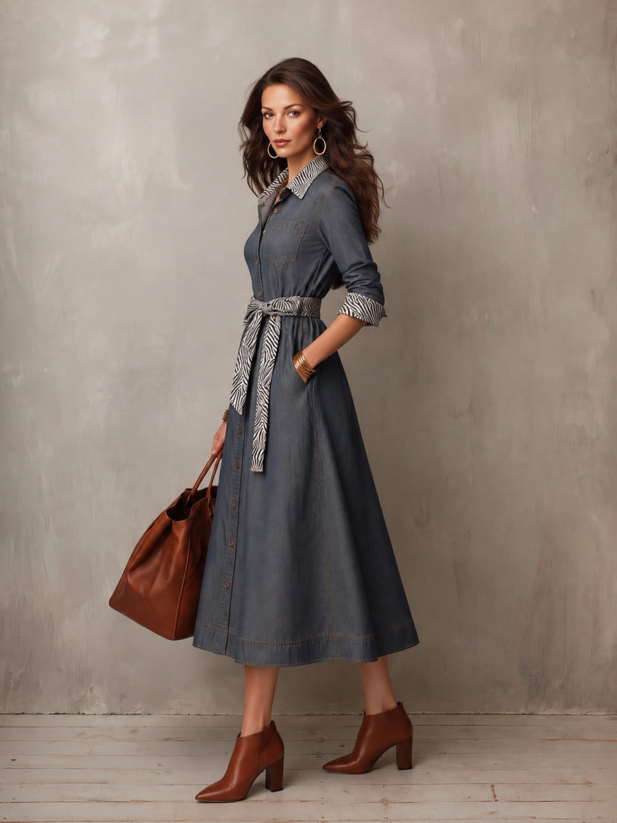 Women's Denim Shirt Dress with Zebra Print Collar & Tie Belt