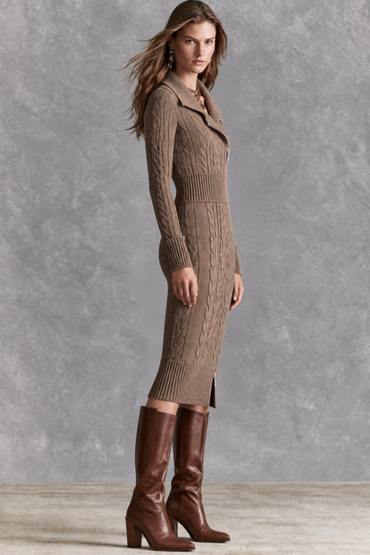 Retro Asymmetric Diagonal Zip Collared Taupe Cable Knit Midi Dress