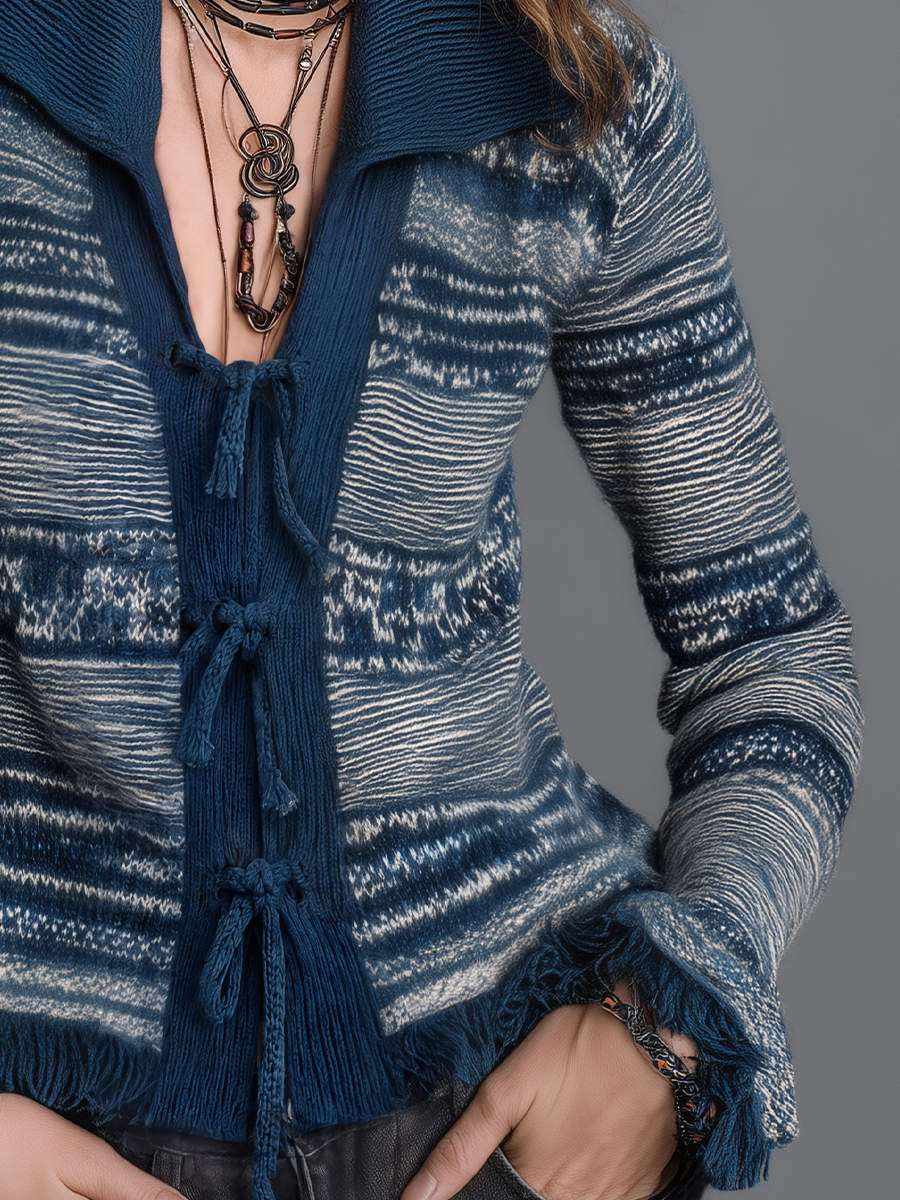 Artisan Navy Blue Tie-Front Patterned Knit Cardigan
