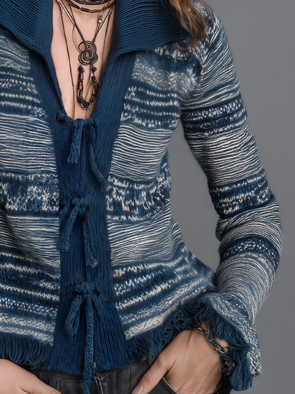 Artisan Navy Blue Tie-Front Patterned Knit Cardigan