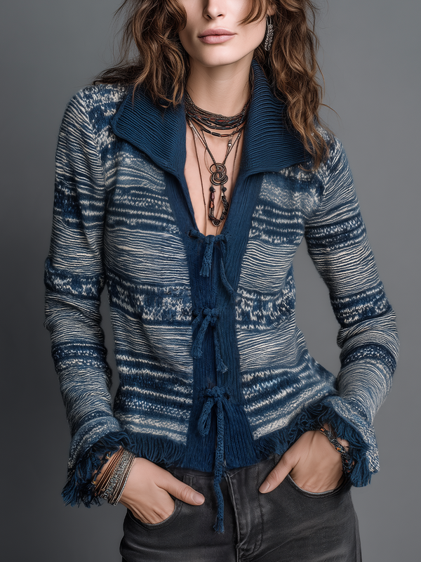 Artisan Navy Blue Tie-Front Patterned Knit Cardigan