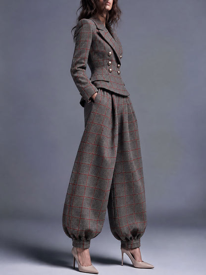 Retro Tailored Double-Breasted Plaid Blazer
