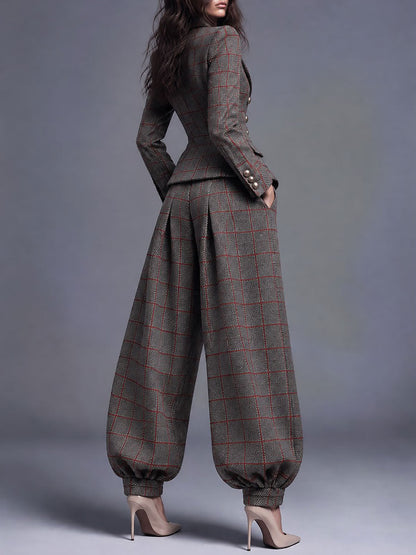 Retro Tailored Double-Breasted Plaid Blazer