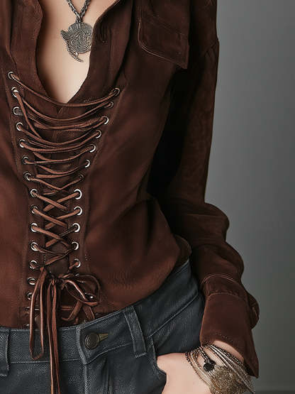 Relaxed Chocolate Brown Lace-Up Shirt Blouse