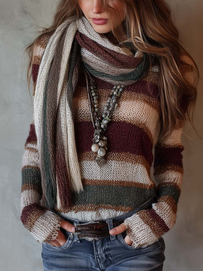 Retro Striped Sweater With Scarf