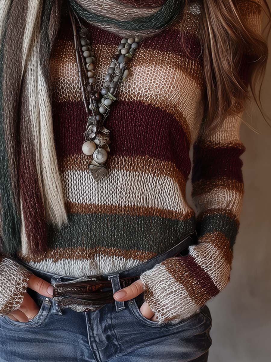 Retro Striped Sweater With Scarf