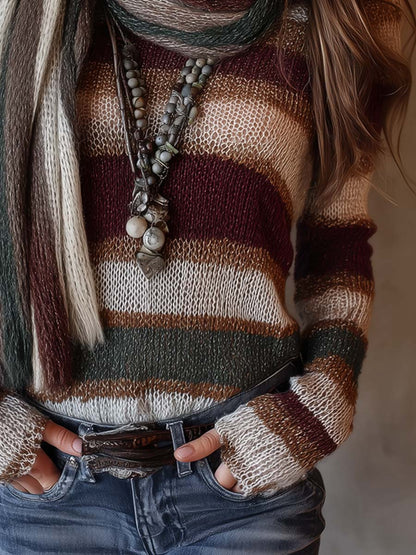 Retro Striped Sweater With Scarf