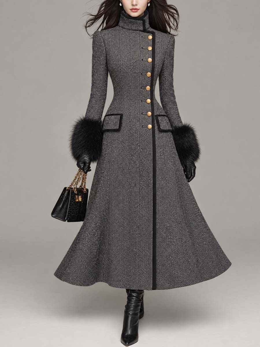 Vintage-style Herringbone Wool-blend Long Coat