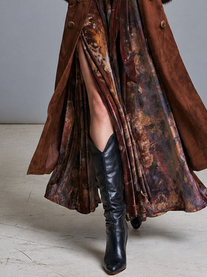 Boho Western Fur Trim Suede Trench Coat With Double Button