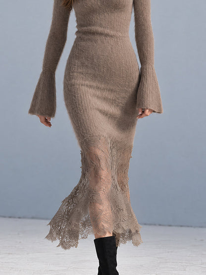 Taupe Nomad Lace-Hem Knit Midi Dress