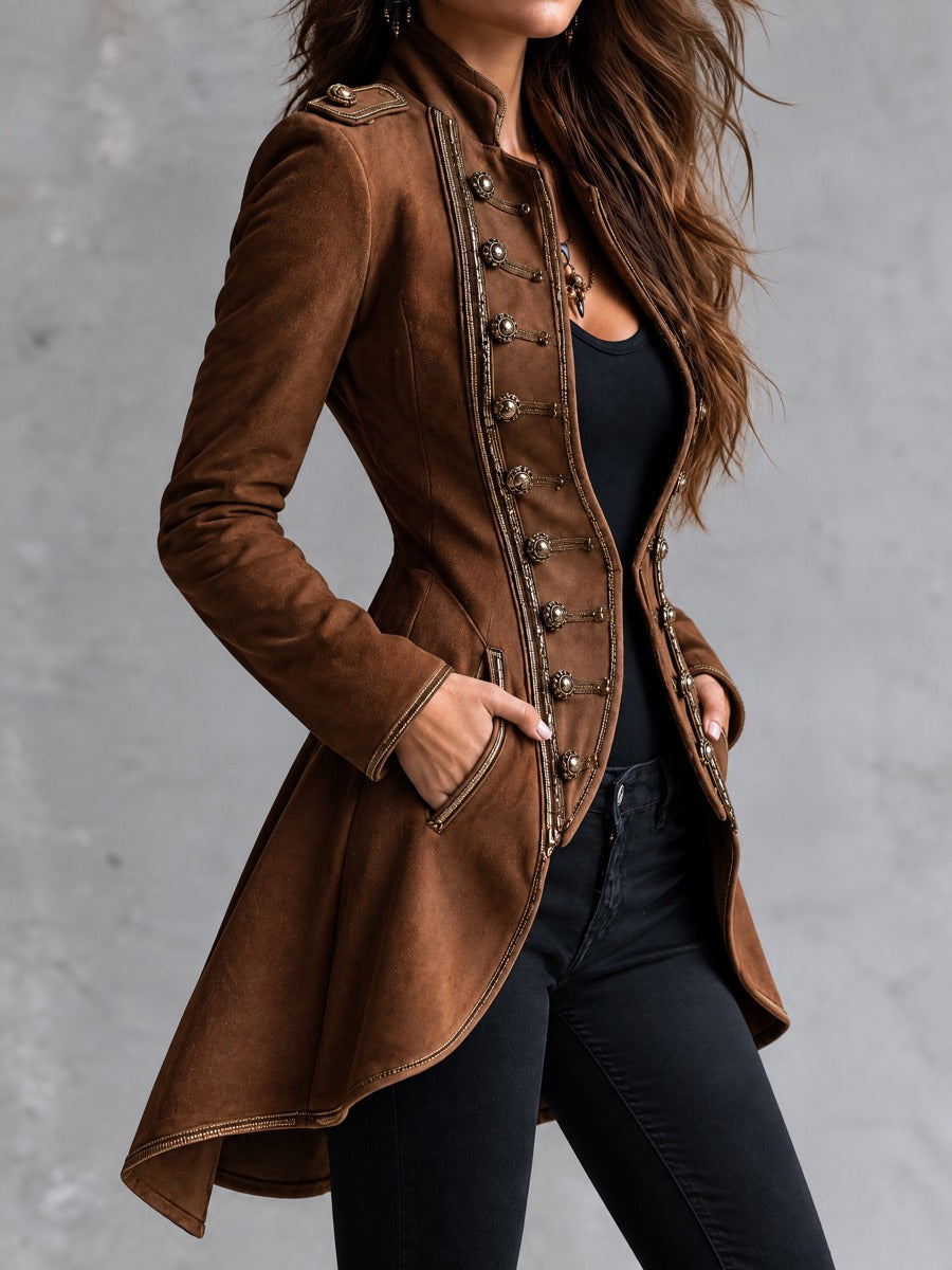 Retro Cognac Faux Suede Double Breasted Jacket WIth Gold Cord Trim