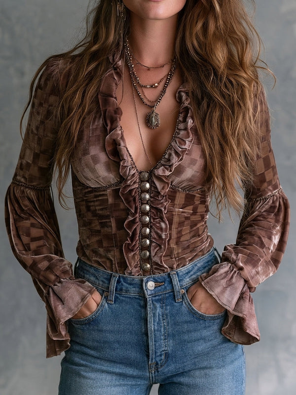Boho 70s Vintage Brown Check Velvet Shirt With Metal Buttons And Ruffled Trim
