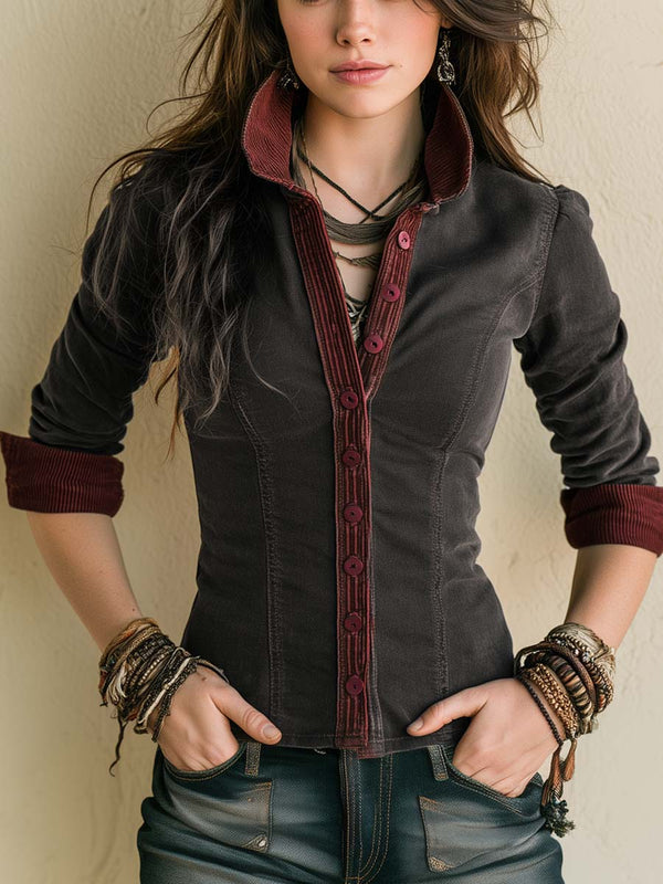 Vintage-style Corduroy-trimmed Denim Blouse