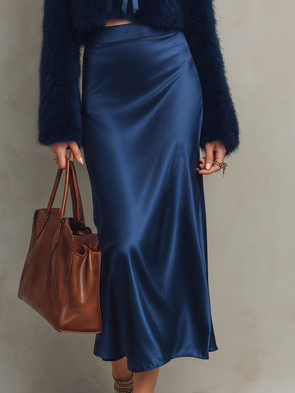 Luxe Navy Faux Fur Tie-Front Cardigan & Satin Skirt Set