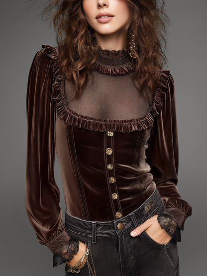 Vintage Chocolate Brown Velvet Ruffle-Trim Blouse