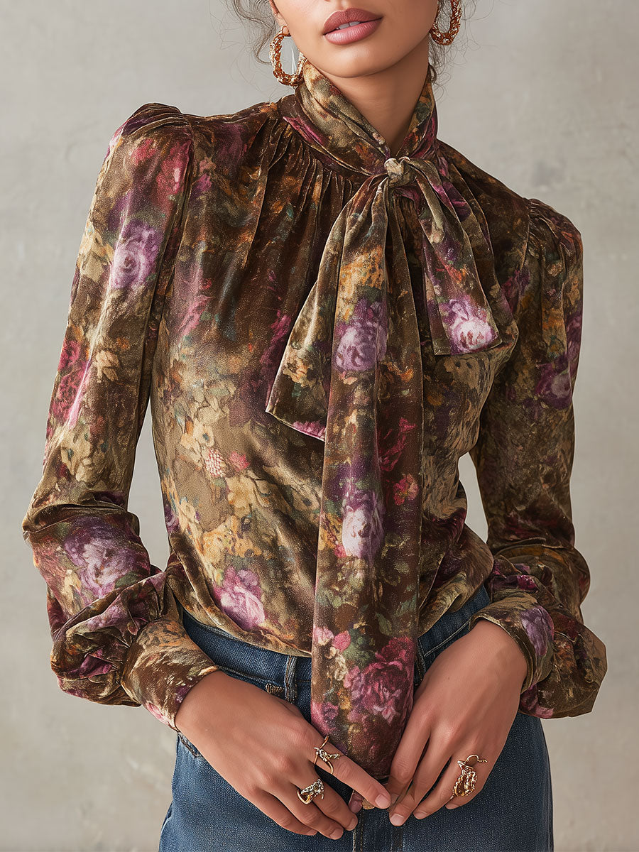 Quiet Luxury Oil-painting Floral Print TIe-neck Velvet Blouse