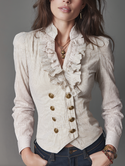Vintage Ivory Pinstripe Ruffle-Front Button Blouse