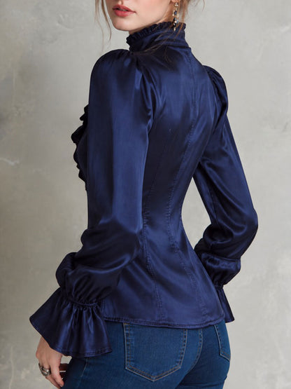 Quiet Luxury Navy Satin Ruffle Collar Blouse With Bell Sleeves