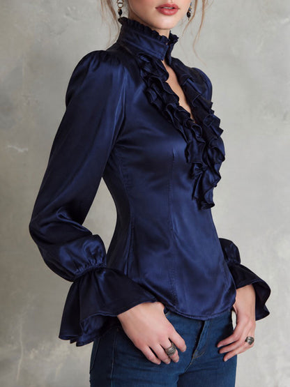 Quiet Luxury Navy Satin Ruffle Collar Blouse With Bell Sleeves