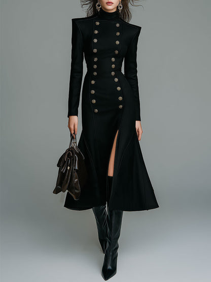 Military Style Double-Breasted Button Slit Maxi Dress