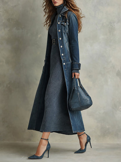 Boho Long Washed Denim Trench Coat With Structured Collar