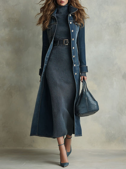 Boho Long Washed Denim Trench Coat With Structured Collar