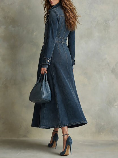 Boho Long Washed Denim Trench Coat With Structured Collar