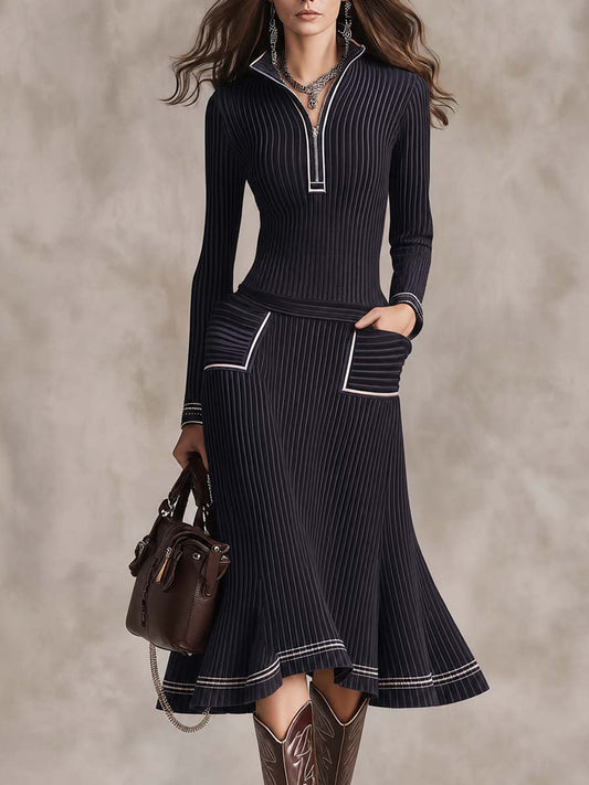 Contrast Trim Ribbed Knit Half-Zip Sweater Midi Dress With Pockets