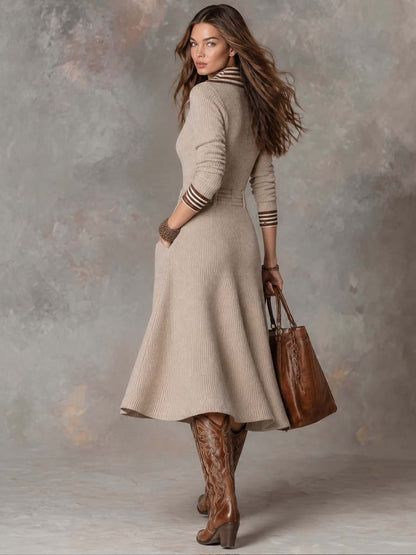 Striped Collar Ribbed Knit Sweater Midi Dress with Zip Front