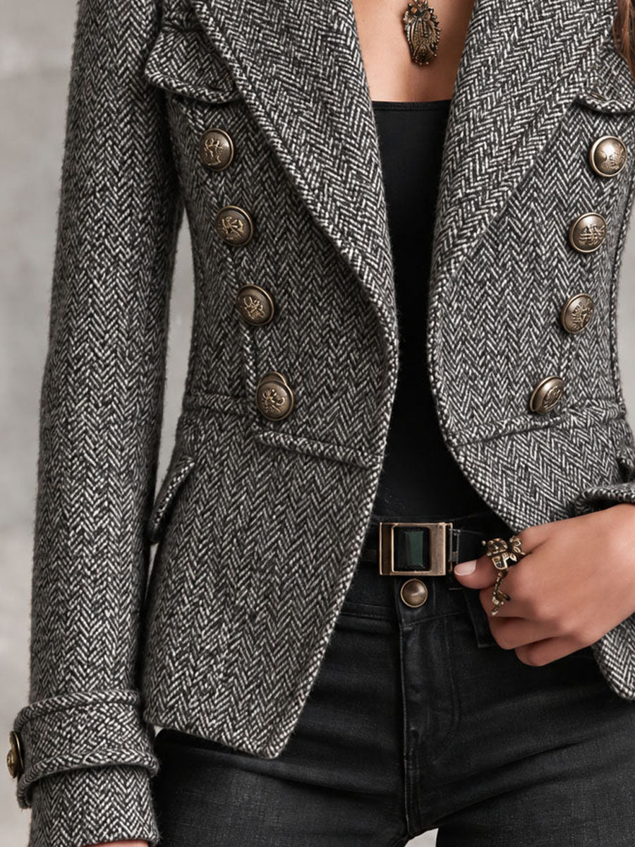 Grey Herringbone Tweed Military Jacket Bronze Double Breasted Button Fitted Short Blazer