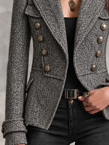 Grey Herringbone Tweed Military Jacket Bronze Double Breasted Button Fitted Short Blazer