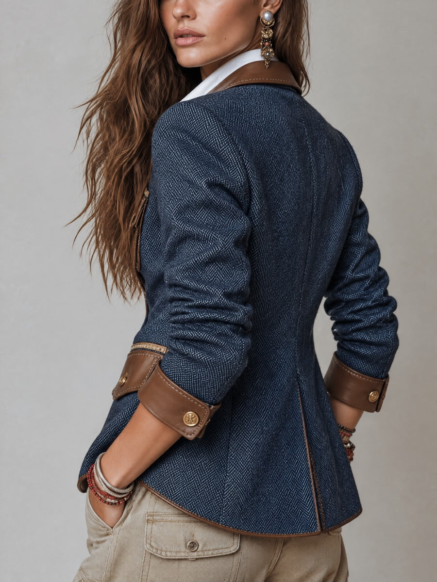 Faux Leather Trim Herringbone Tweed Blazer