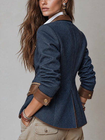 Faux Leather Trim Herringbone Tweed Blazer