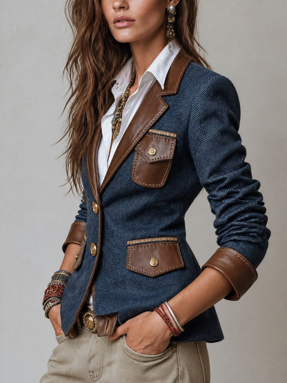 Faux Leather Trim Herringbone Tweed Blazer
