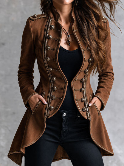 Retro Cognac Faux Suede Double Breasted Jacket WIth Gold Cord Trim
