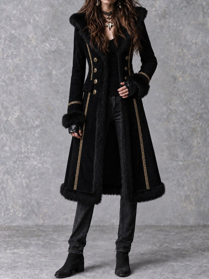 Vintage Gothic Fur Trim Black Suede Long Coat With Double Breasted