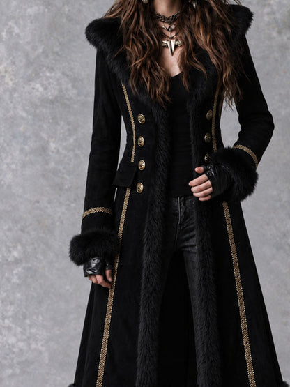 Vintage Gothic Fur Trim Black Suede Long Coat With Double Breasted