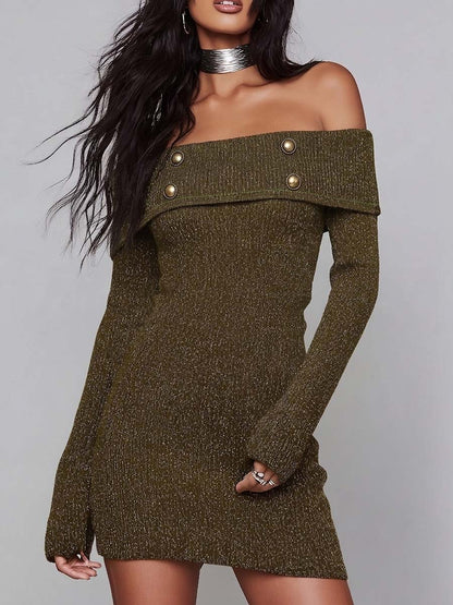 Off Shoulder Ribbed Knit Sweater Mini Dress with Button Detail