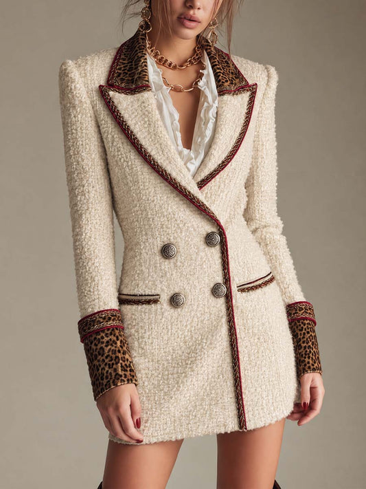 Leopard Trim Tweed Blazer Mini Dress with Gold Chain Detail