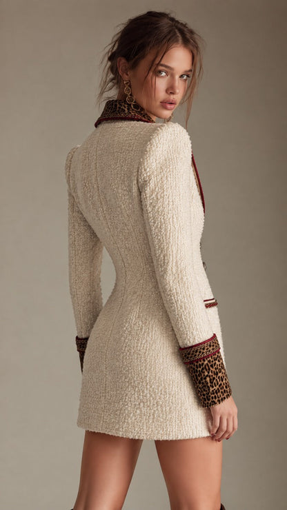 Leopard Trim Tweed Blazer Mini Dress with Gold Chain Detail
